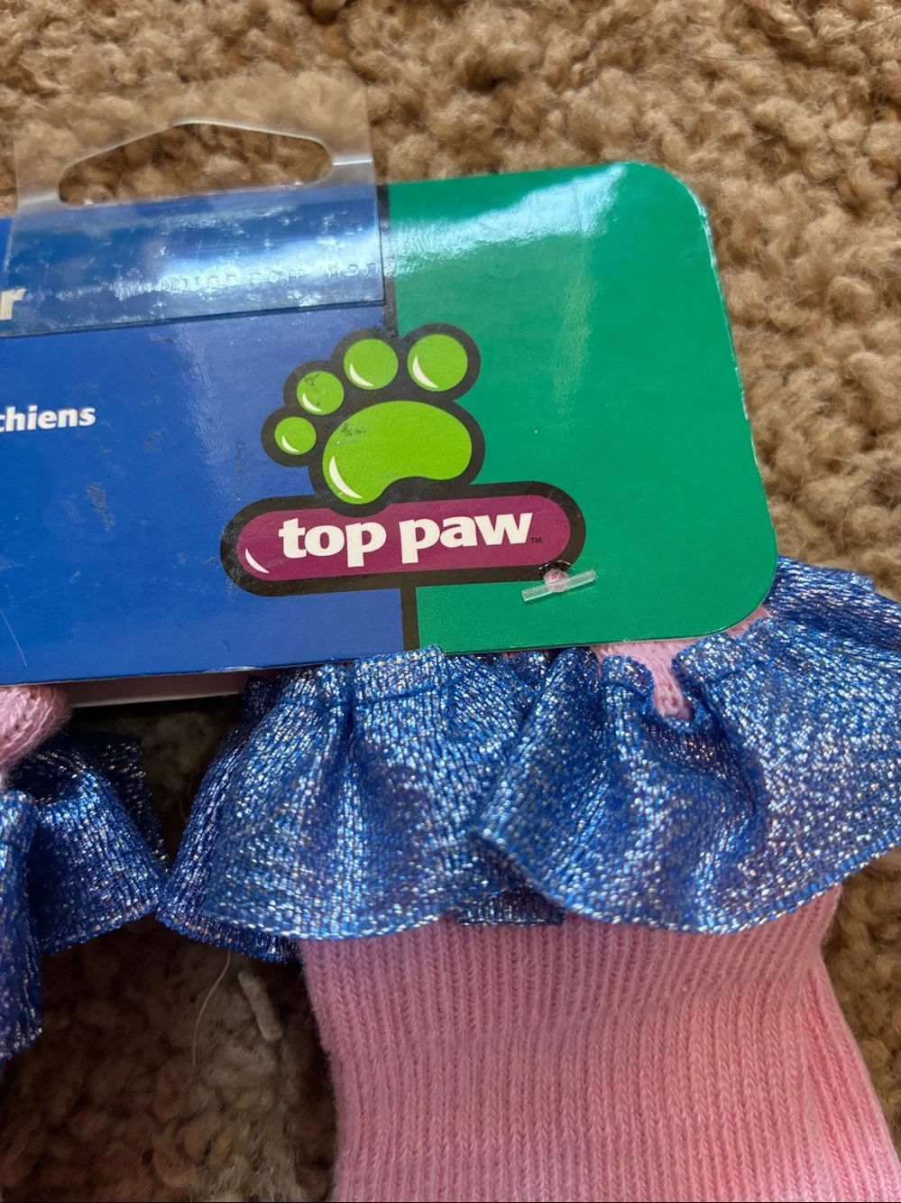 Top Paw Pink Dog Socks with Sparkling Blue Ruffle Trim